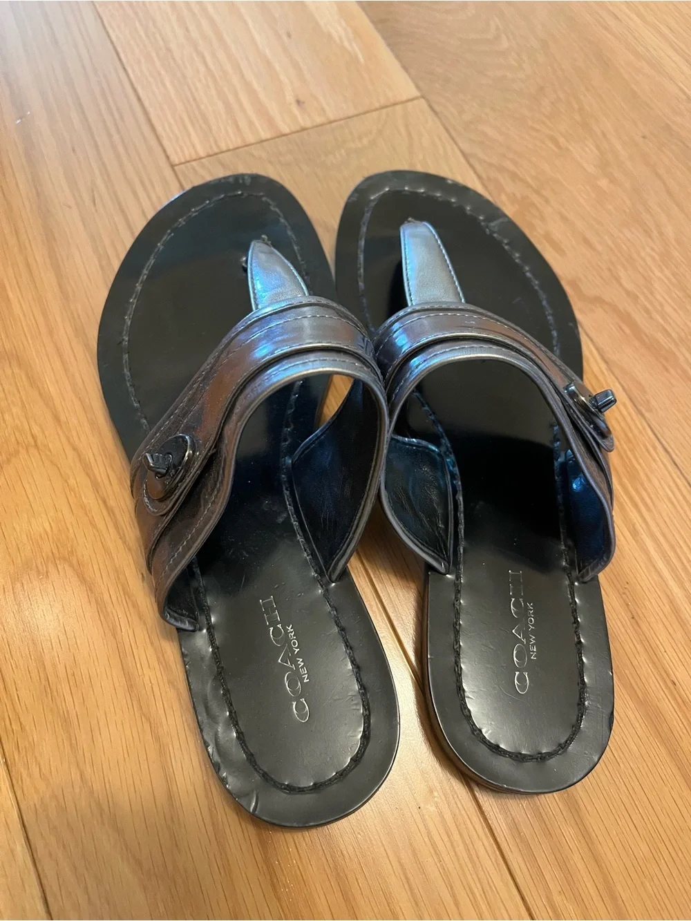 Coach Metallic Iridescent Leather Thong Sandals in Pewter Black